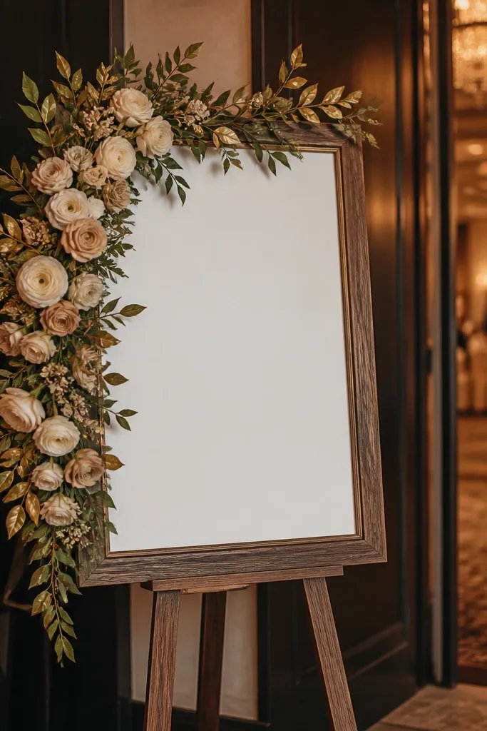 Champagne flowers with subtle gold-tinted greenery accents around a welcome sign