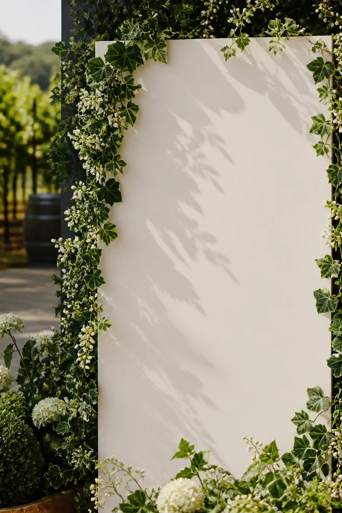 Greenery with white berries and ivy drape across a welcome sign