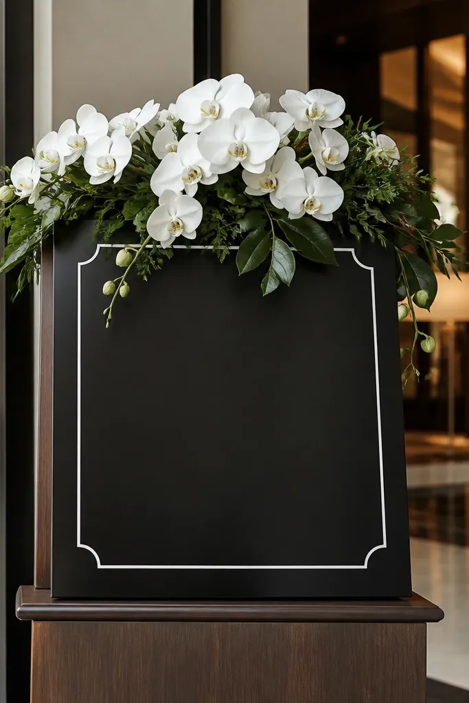 Monochrome white orchids with sculpted greenery around a welcome sign