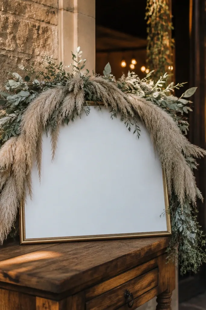 Champagne pampas fringe with pale greenery framing a welcome sign