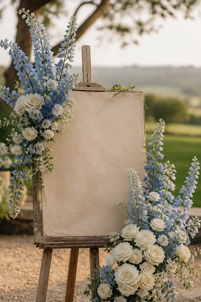Dusty blue delphinium spikes with cream roses around a welcome sign