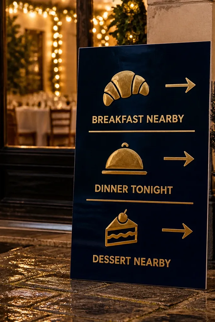 Dark navy welcome sign on acrylic with gold vinyl text and three food pick rows
