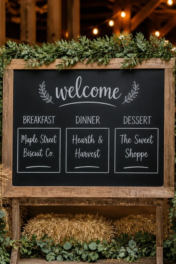 Wood framed chalkboard sign with food guide squares labeled breakfast, dinner, dessert