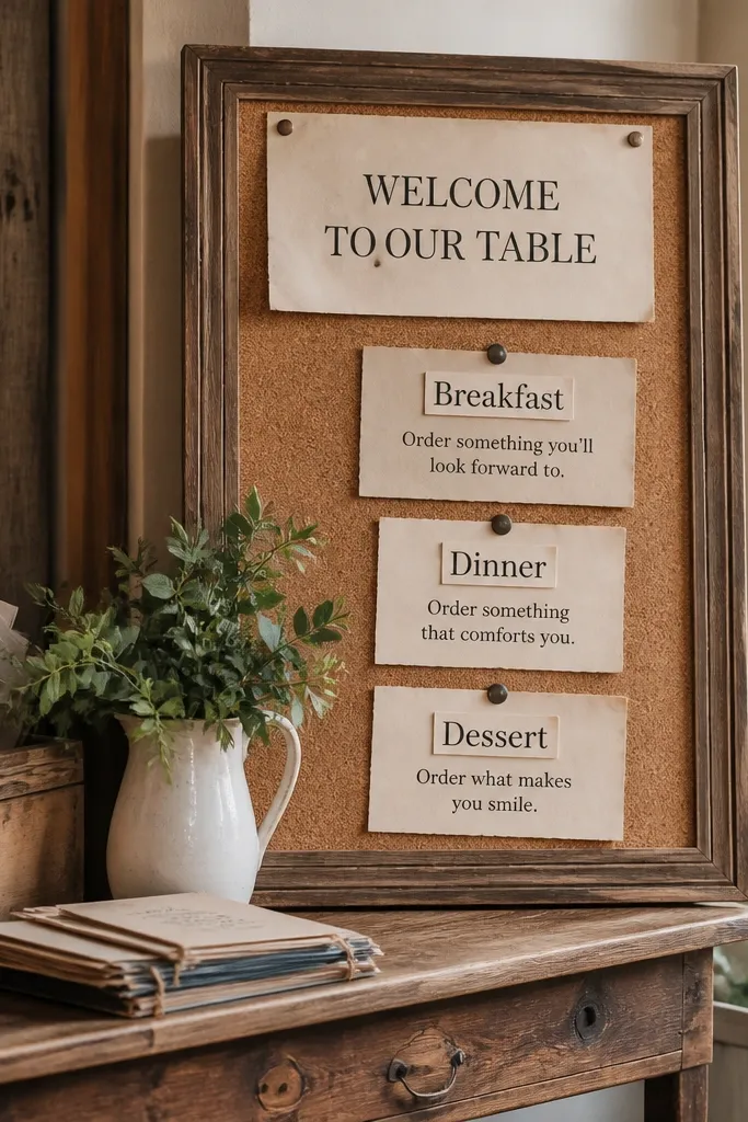 Vintage-style welcome sign like stacked recipe cards listing breakfast, dinner, and dessert