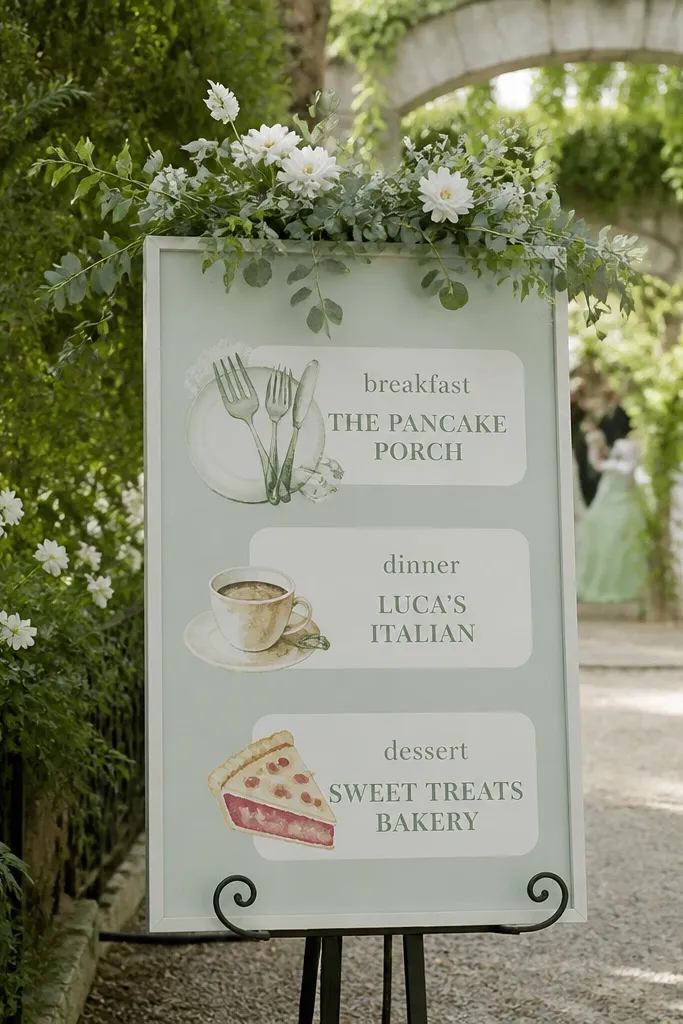 Soft sage welcome sign with watercolor food icons and three restaurant blocks