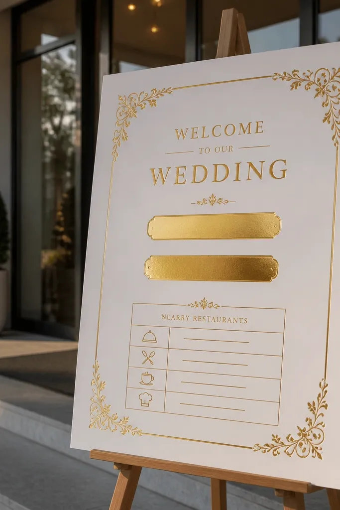 White welcome sign with gold foil accents and three "Order this" buttons for restaurants