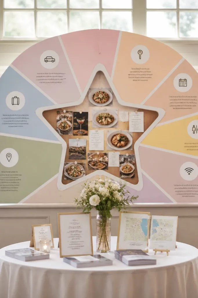 Sunburst welcome sign with a center star showing breakfast, dinner, and dessert picks