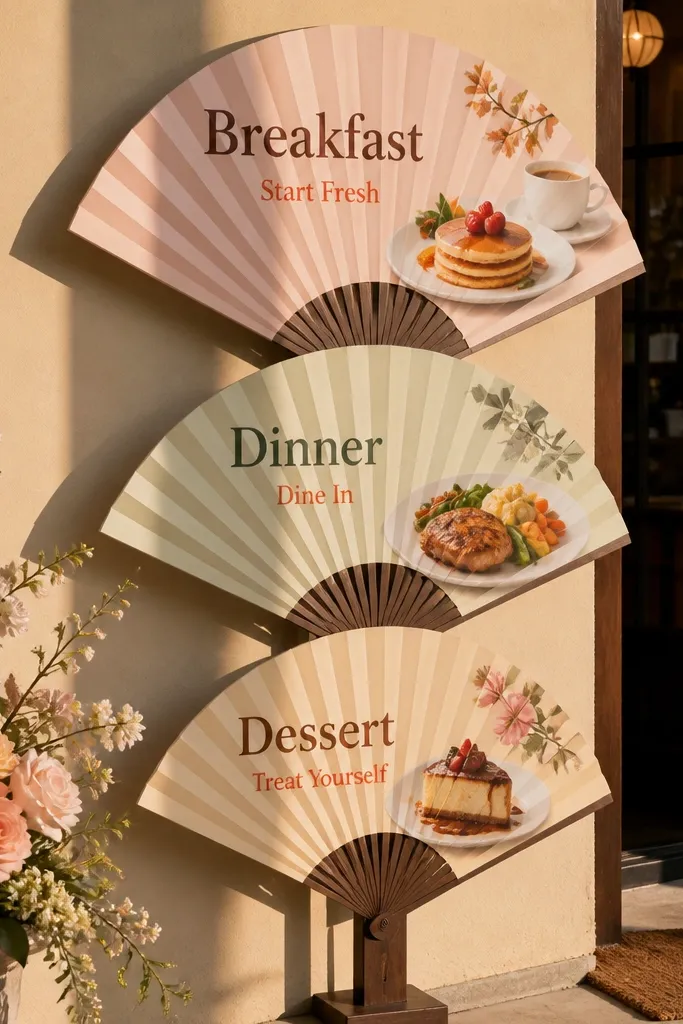 Paper fan style welcome sign with three menu panels for breakfast, dinner, dessert