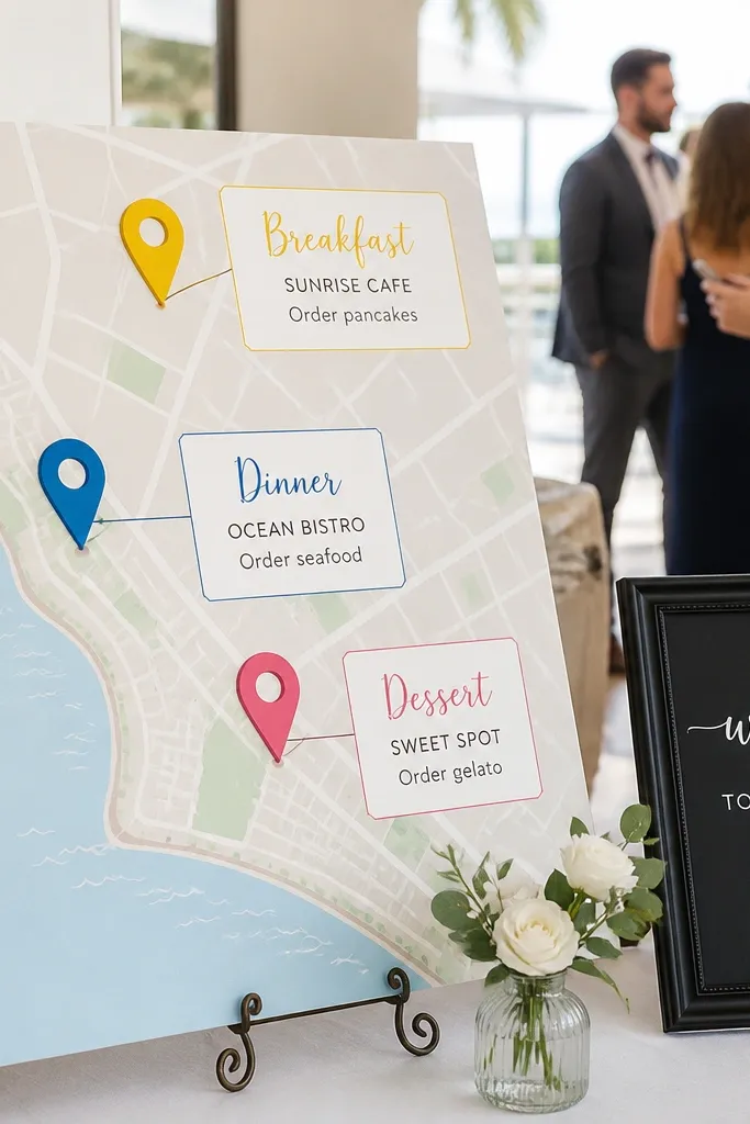 Map-style welcome sign with three highlighted pins and restaurant names