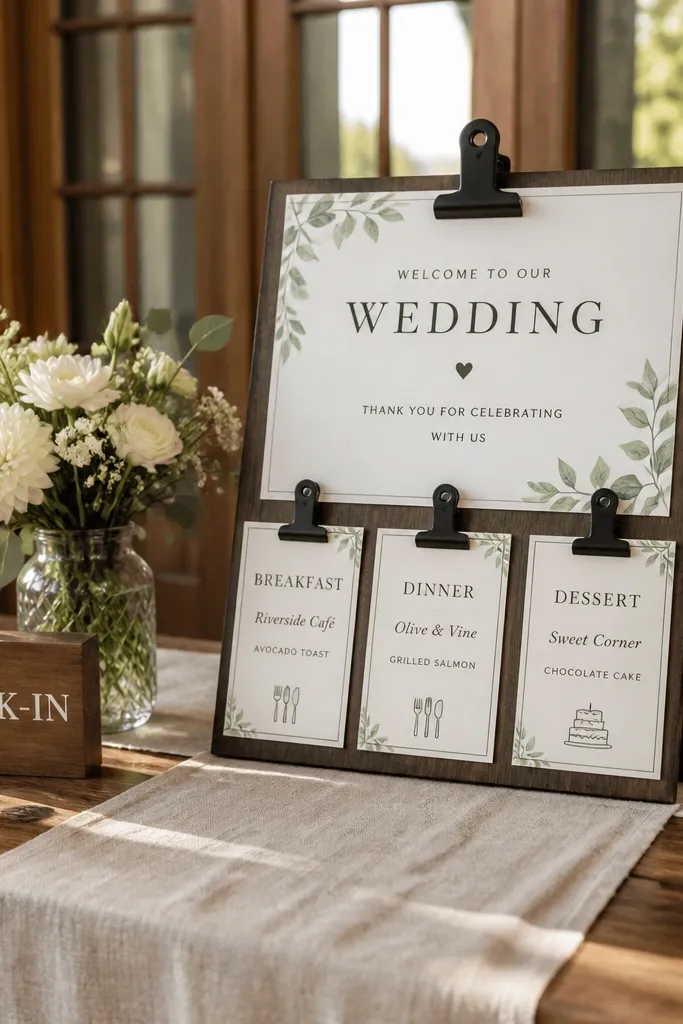 Clipboard welcome sign with three clip-on cards listing breakfast, dinner, dessert picks