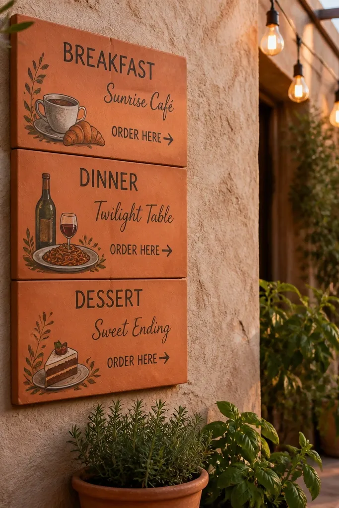 Terracotta tile welcome sign with painted breakfast, dinner, dessert categories