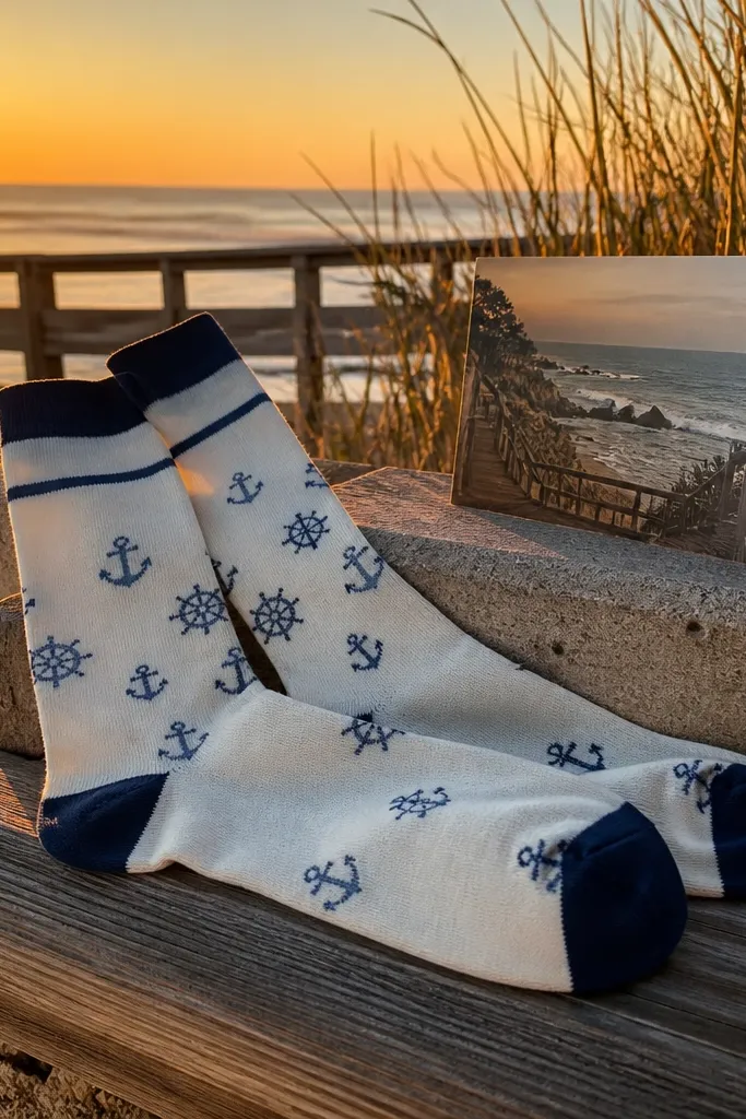Cream socks with tiny navy anchors and a small sunset-themed itinerary card