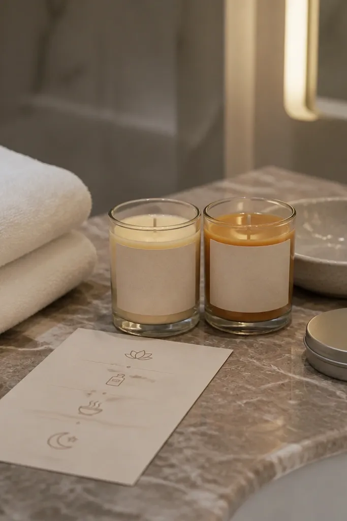 Three small travel candles in neutral colors with a spa night itinerary card