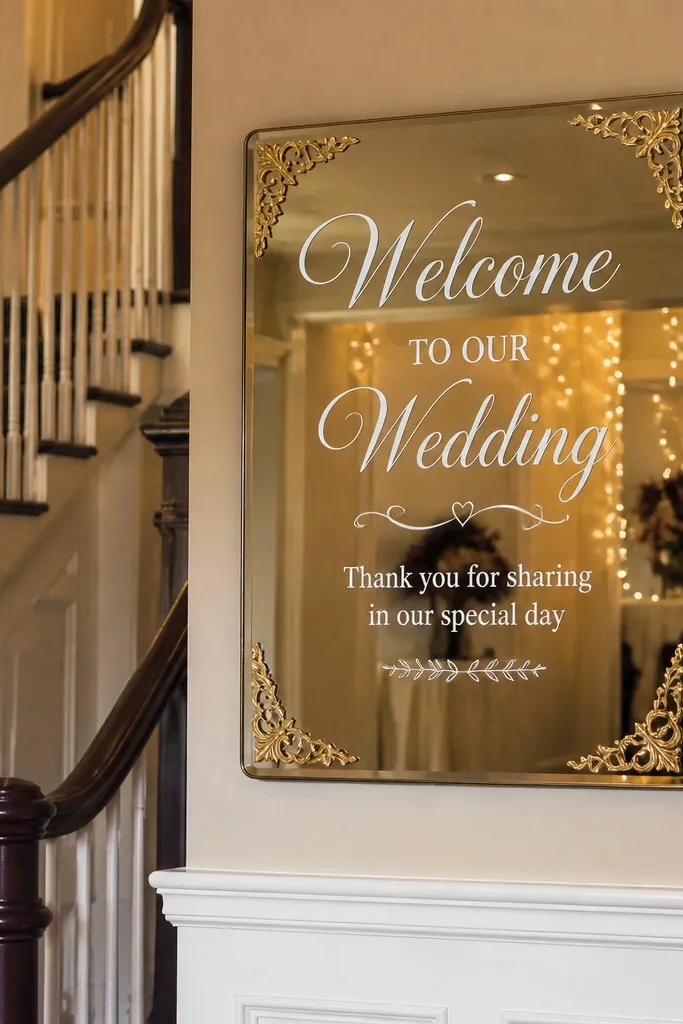 Small mirror with welcome script and gold corner accents