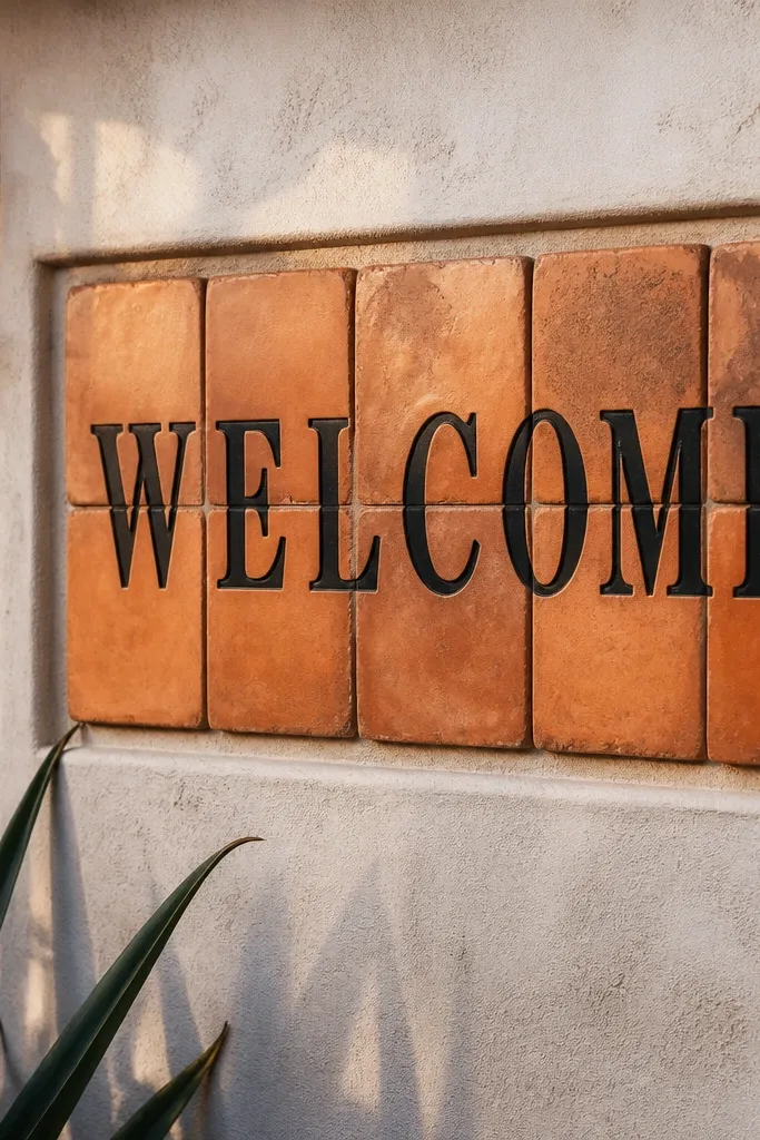 Terracotta tile welcome sign with bold black lettering