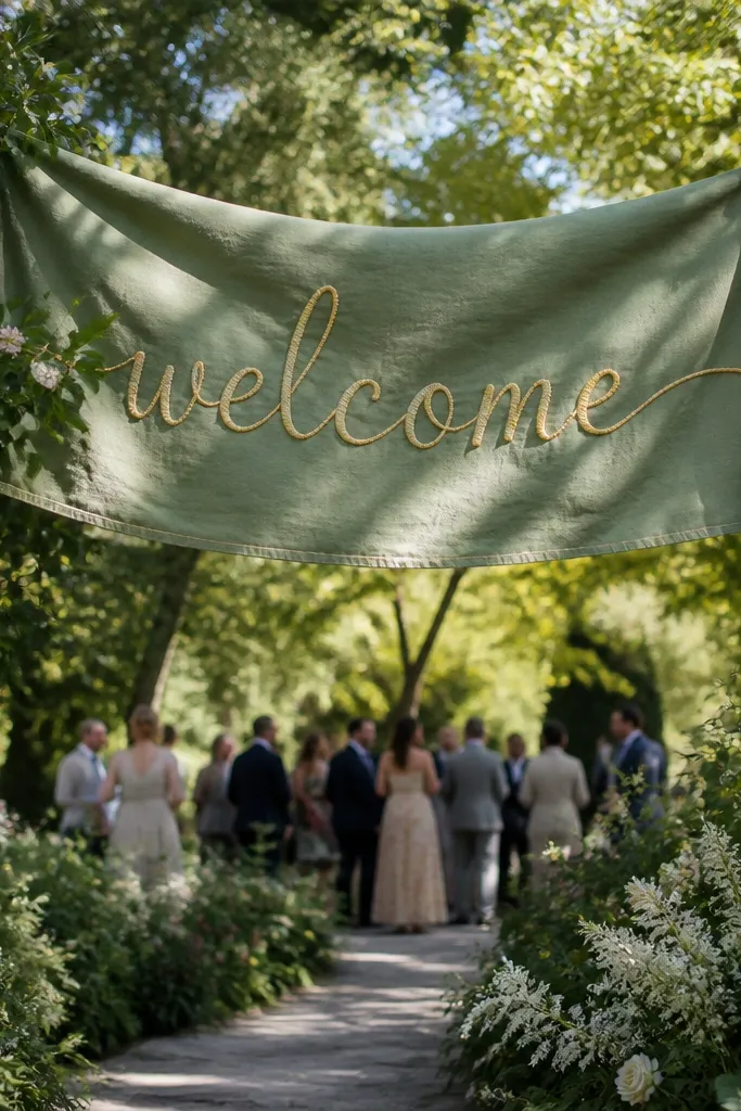 Sage fabric banner with gold thread-style welcome lettering