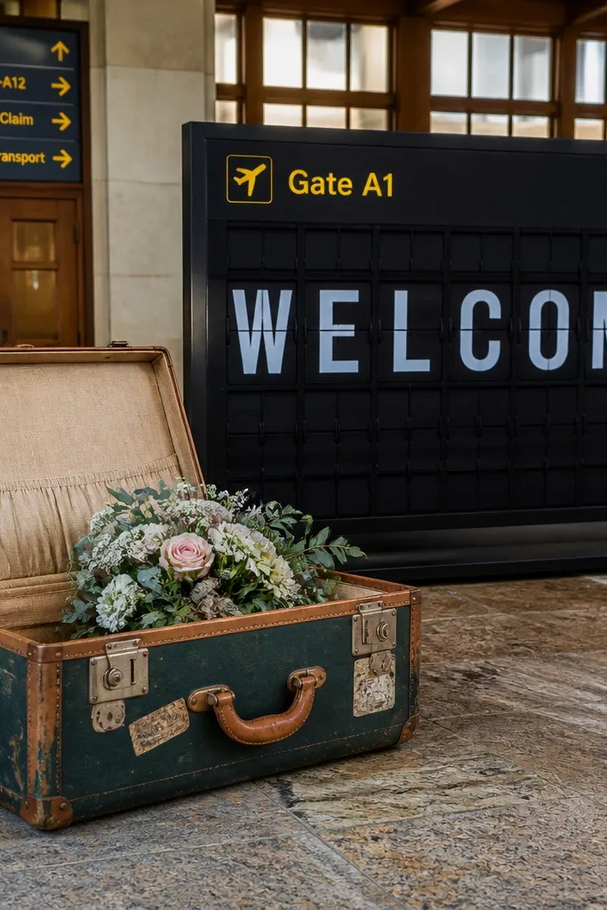 Open vintage suitcase holding a gate-style welcome sign and florals