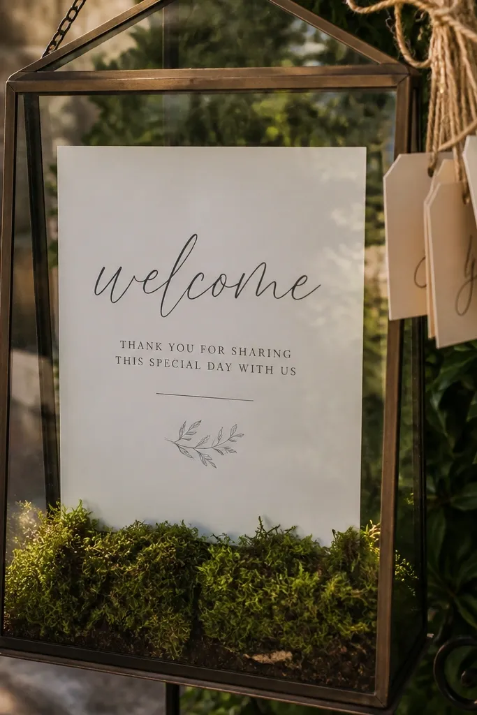 Glass frame with moss base, welcome sign, and hanging paper tags