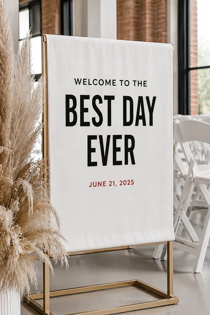White linen welcome sign with black text and a single red line for the date
