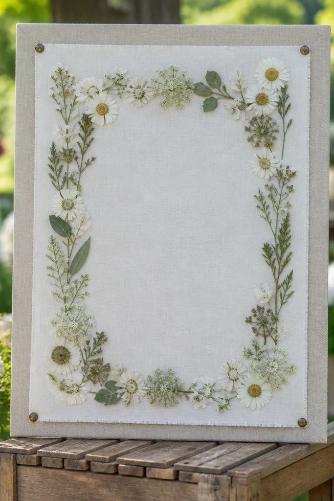 Oat linen welcome sign with a border made of pressed wildflower shapes around the text