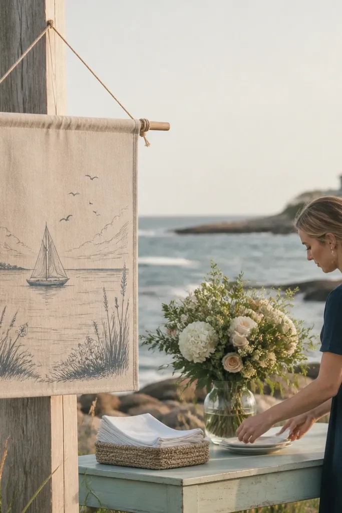 Natural linen welcome sign with small muted-ink coastal line art above the text