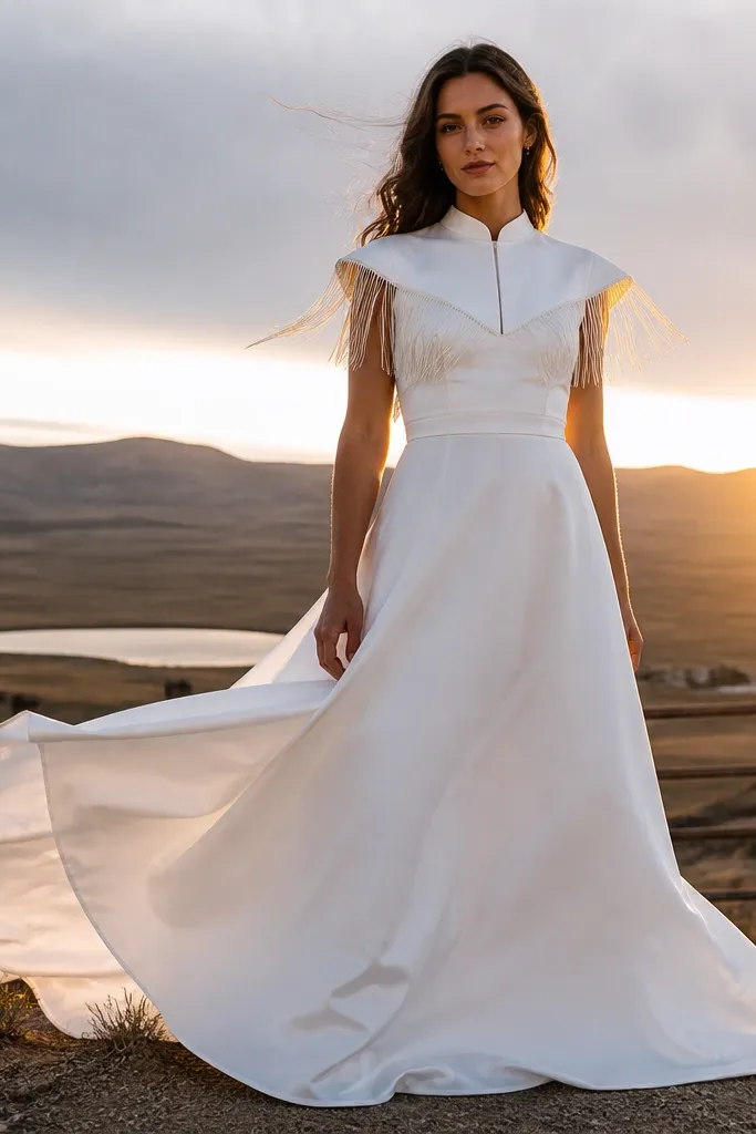 Ivory wedding dress with a yoke neckline and cap sleeves trimmed with short fringe