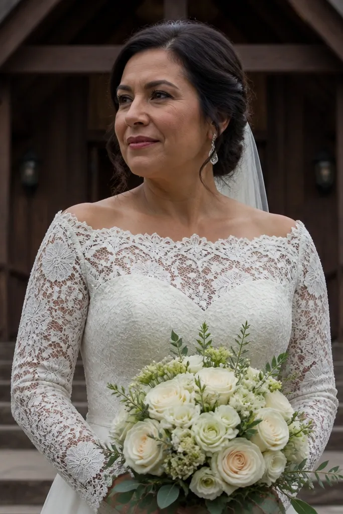 Ivory off-shoulder lace wedding dress with a structured collar line