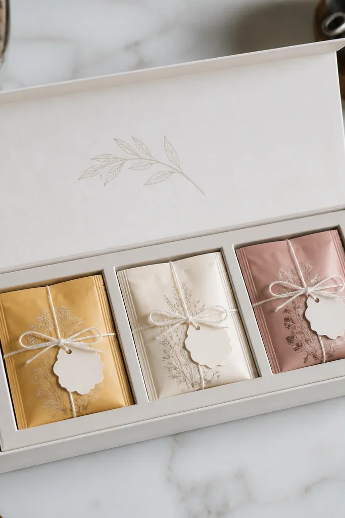 Tea sachets sealed in a small packet with string tag in pastel colors