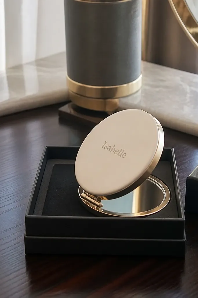 Compact mirror with engraved name resting in tissue inside box