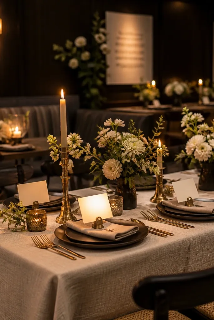 Espresso brown table setting with warm ivory napkins, brass candle holders, and dark florals