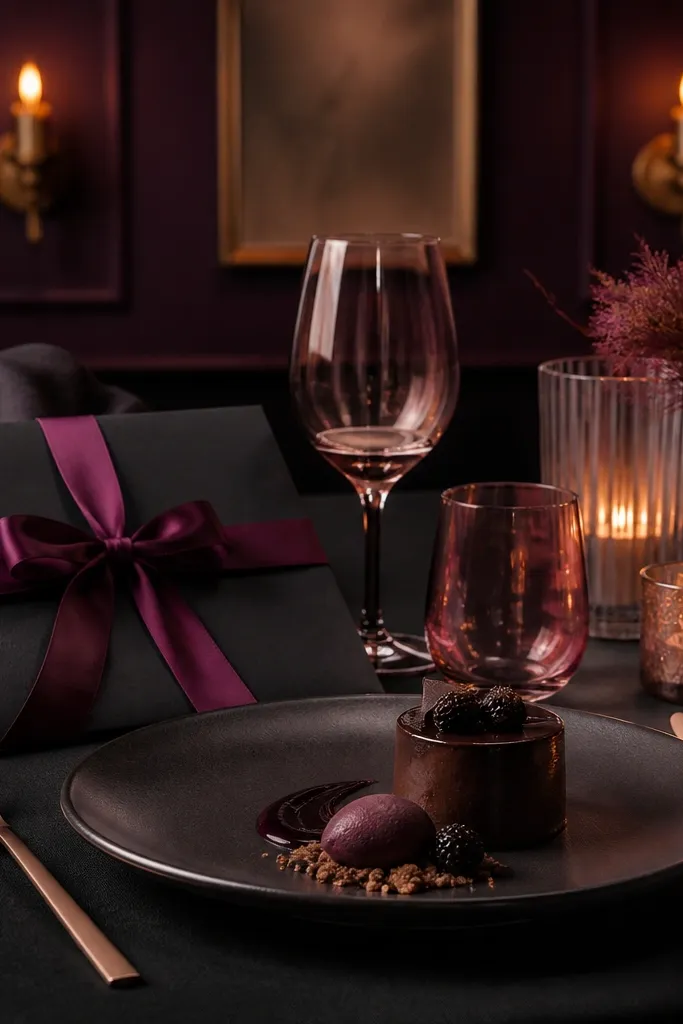 Deep plum napkins with charcoal runners and soft rose gold cutlery on a dark floral table