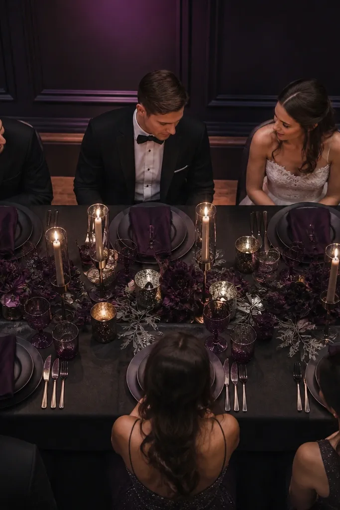 Midnight purple napkins with smoke gray florals and silver candle caps on a dark table