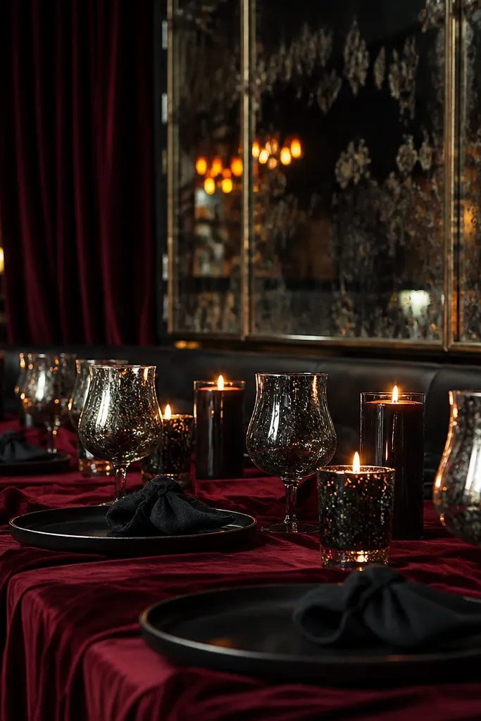 Burgundy velvet-like napkins, black table decor, and antique mirror style glassware with candles