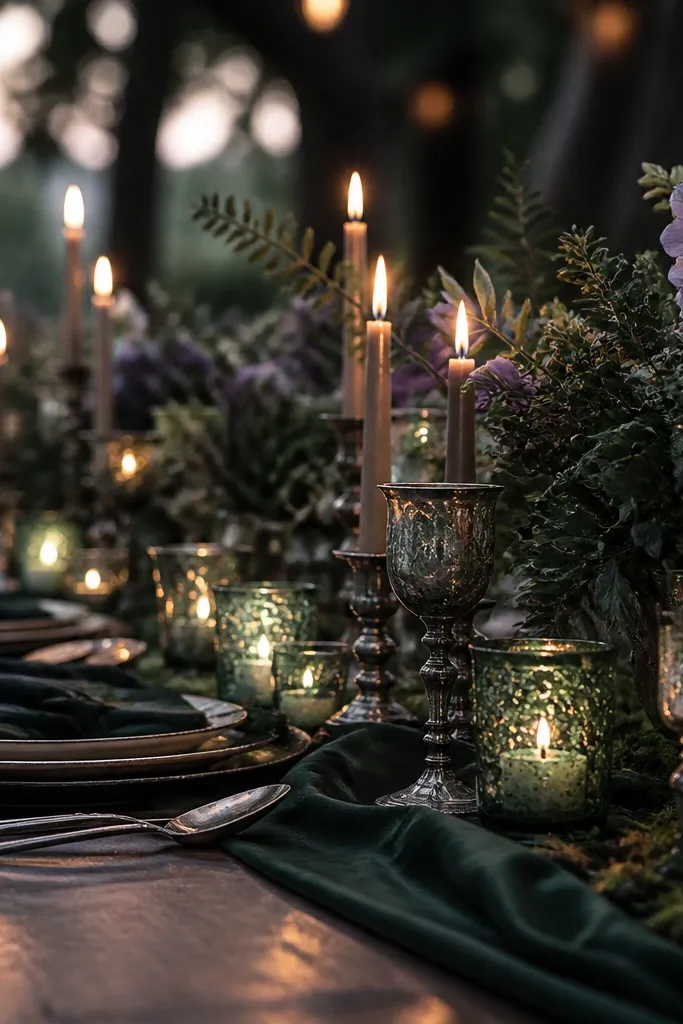 Deep green table with mossy glass vases and tarnished silver accents