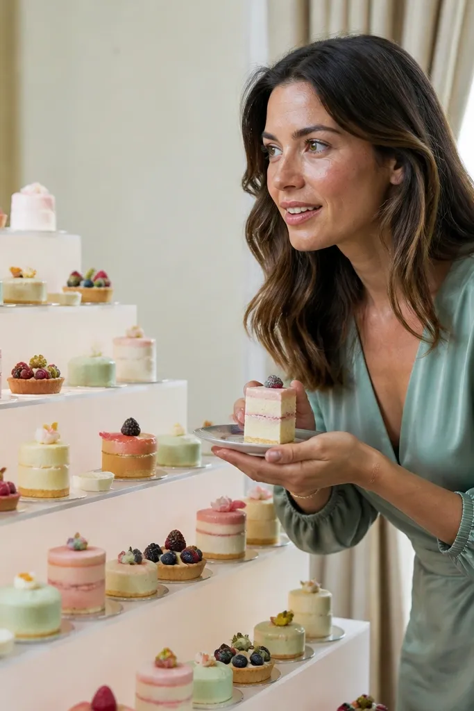 Wedding couple and guests in front of a wall of mini desserts with matching plates