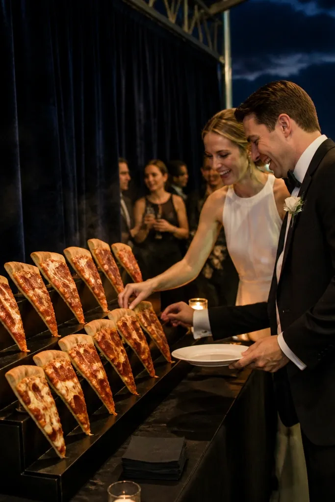 Guests holding pizza slices in front of a dark curtain