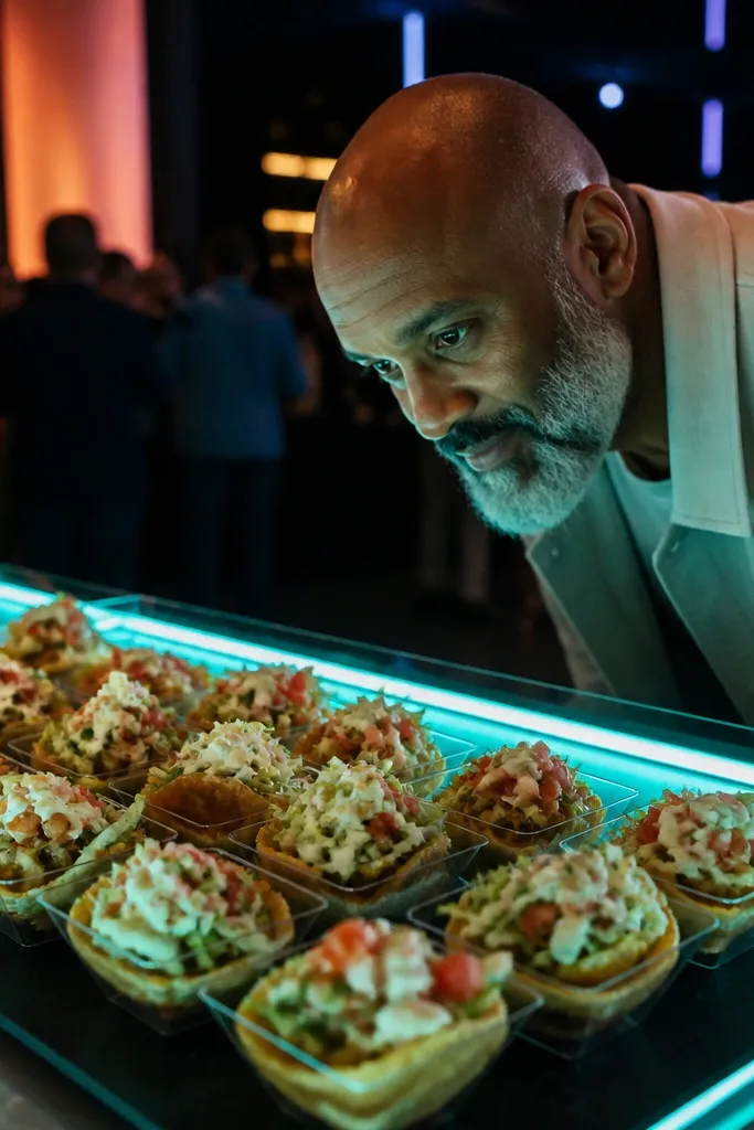 Taco cups in a row with a neon-style light behind the table