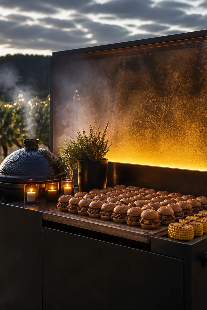 Grill station with plated smoked bites and a dark backdrop behind