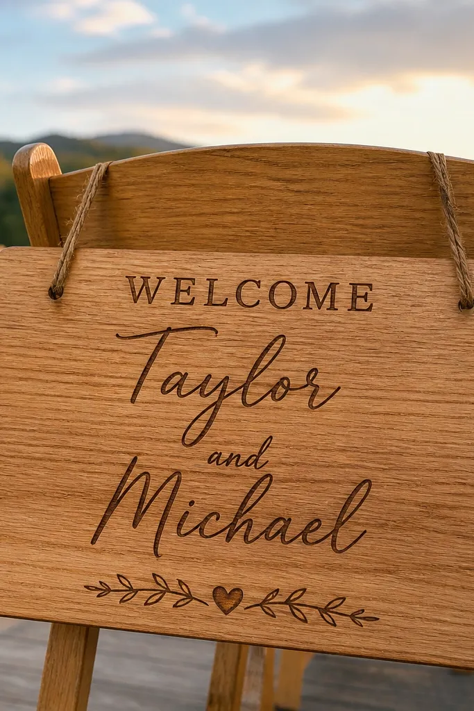 Light oak wooden welcome sign with dark walnut script and a thin border