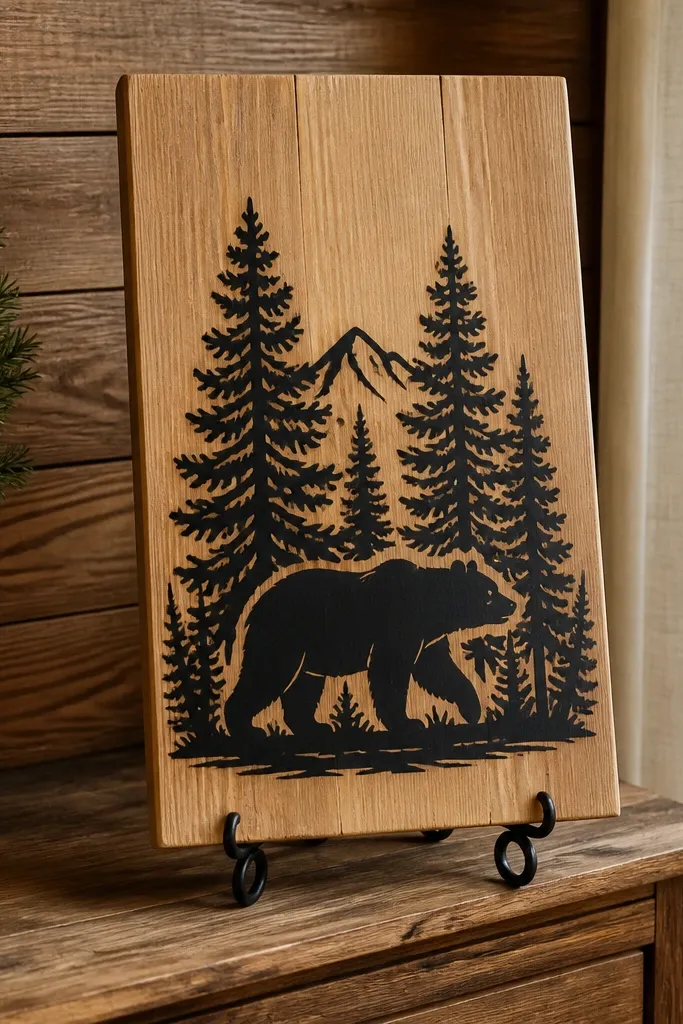 Cedar wooden welcome sign with engraved-look stencil text in black