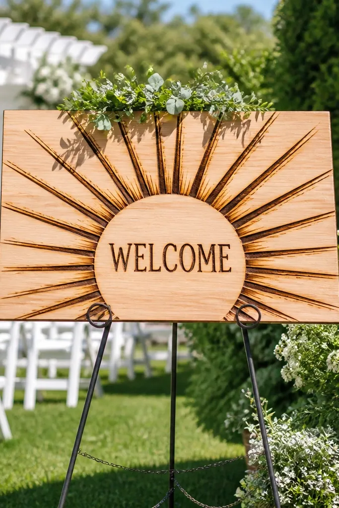 Wooden welcome sign with burnt sunburst rays and bold dark lettering