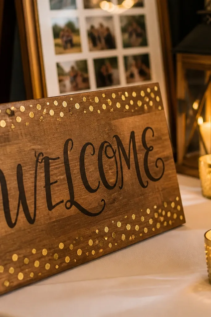 Wooden welcome sign with cursive gold lettering and a dotted gold border