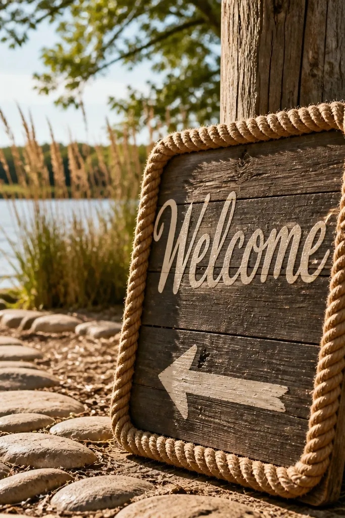 Wooden welcome sign with rope edging and cream lettering
