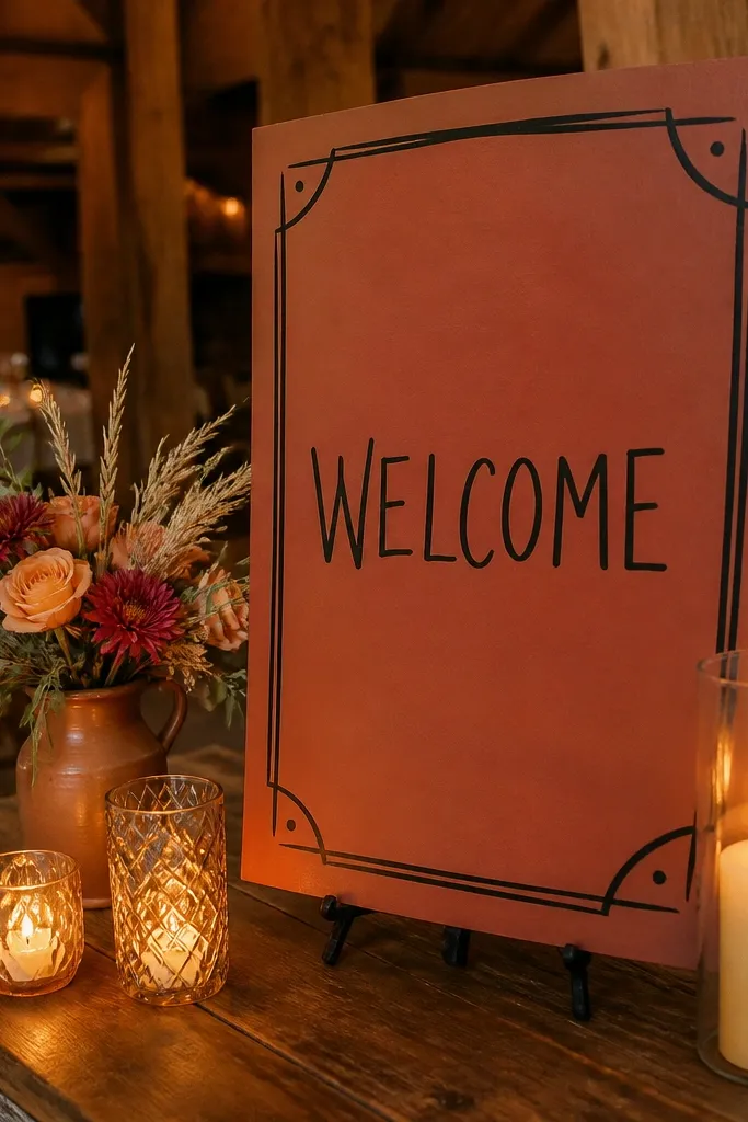 Rusty red wooden welcome sign with black hand-drawn border and names below
