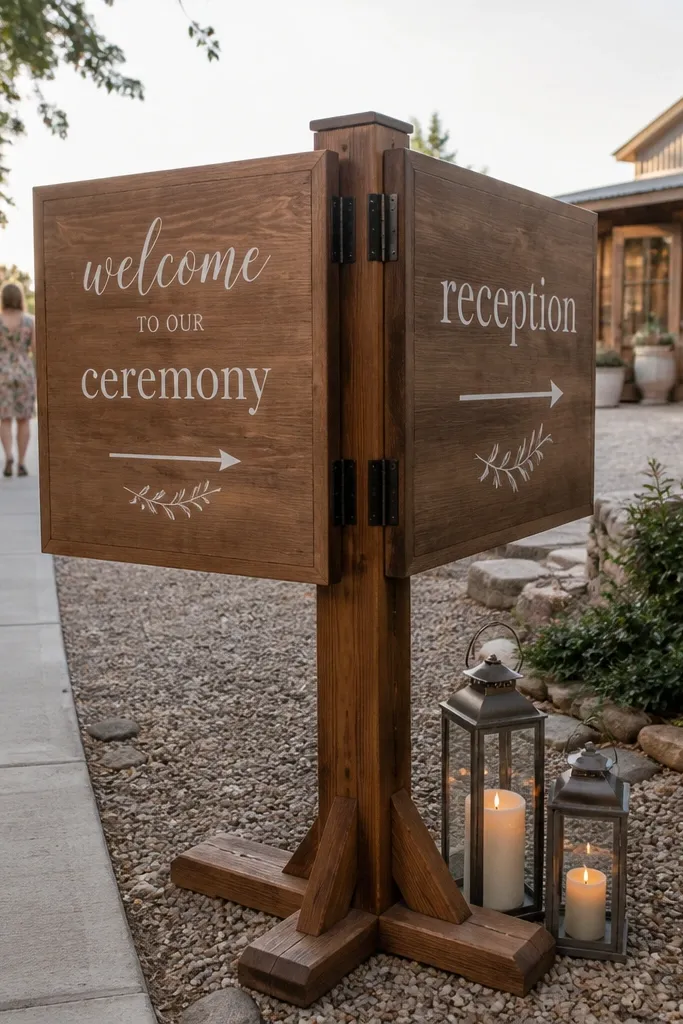 Two-sided wooden welcome sign with flip panel and different text for ceremony and reception