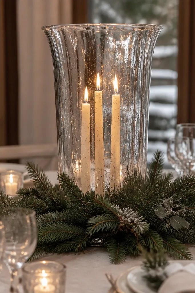 Tall silver mercury glass candle holder with three taper candles and evergreen around the base