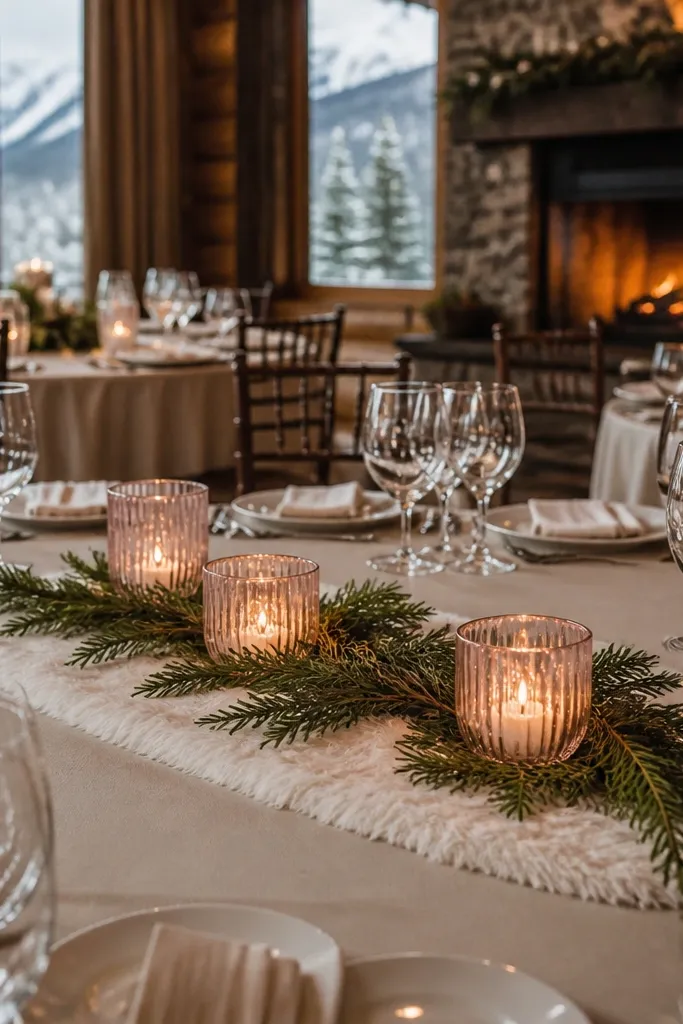 White faux fur runner with blush votive candles and small evergreen sprigs