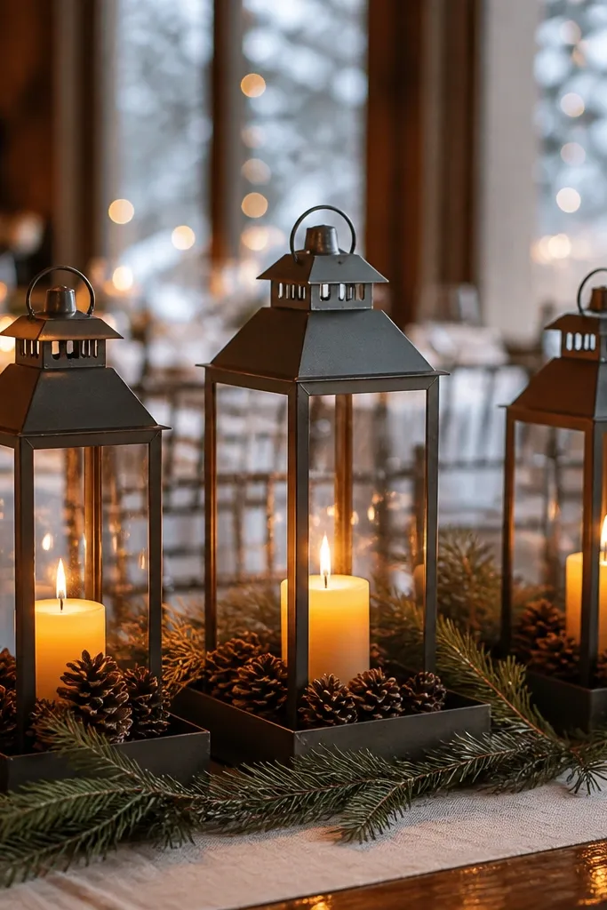 Metal lantern with pinecones at the base and a warm candle inside