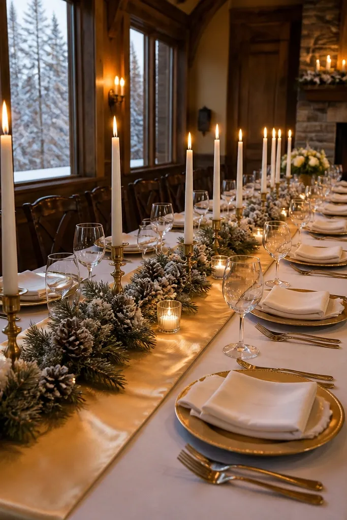 Champagne satin runner with two straight lines of taper candles