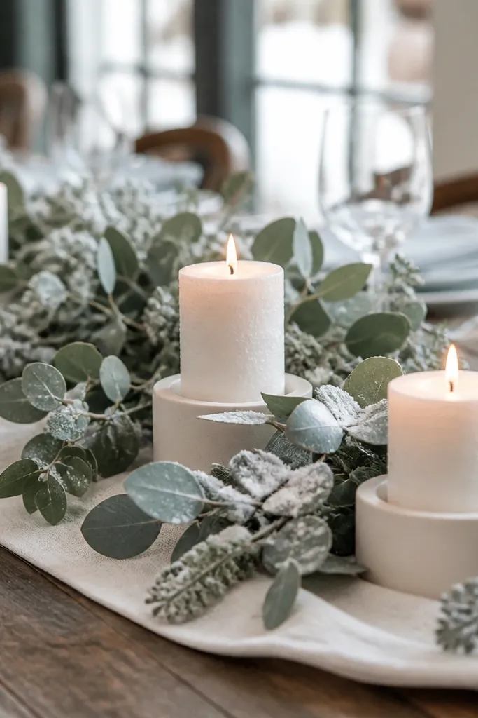 Eucalyptus sprigs with frosted look and white candles in simple holders